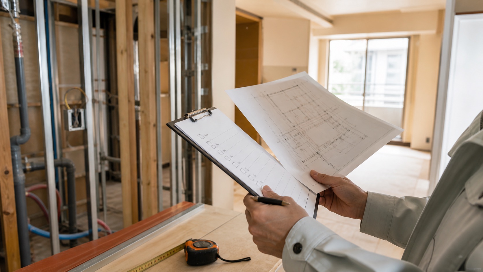 マンションリノベーション工事中に図面とチェックリストで施工状態を確認する担当者のイメージ