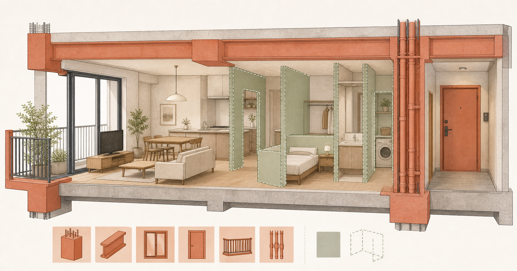 マンションでリノベーションできない場所を表した間取り図のイラスト