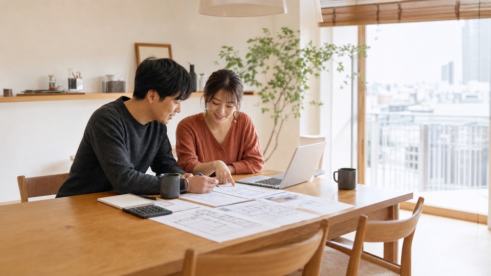 リノベーションの資金計画を話し合う30代の共働き夫婦