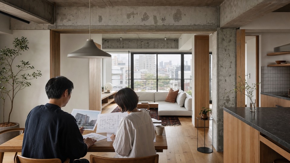 築古マンションの資料と間取りを確認する40代夫婦