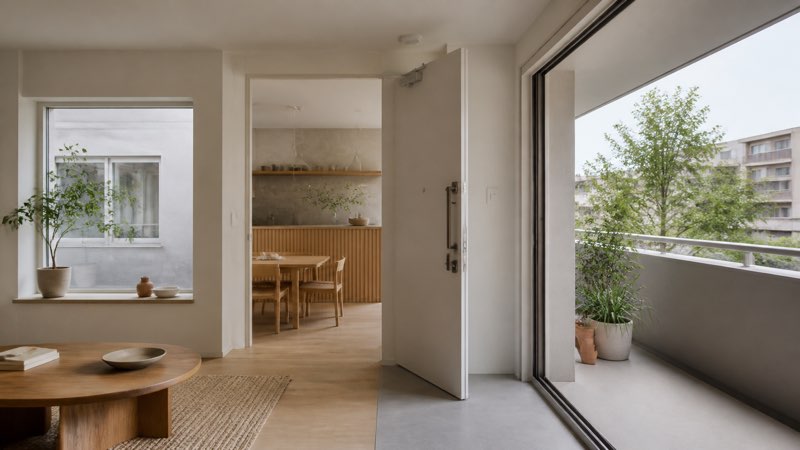 マンションの窓・玄関ドア・バルコニーと室内の変更範囲を検討するイメージ