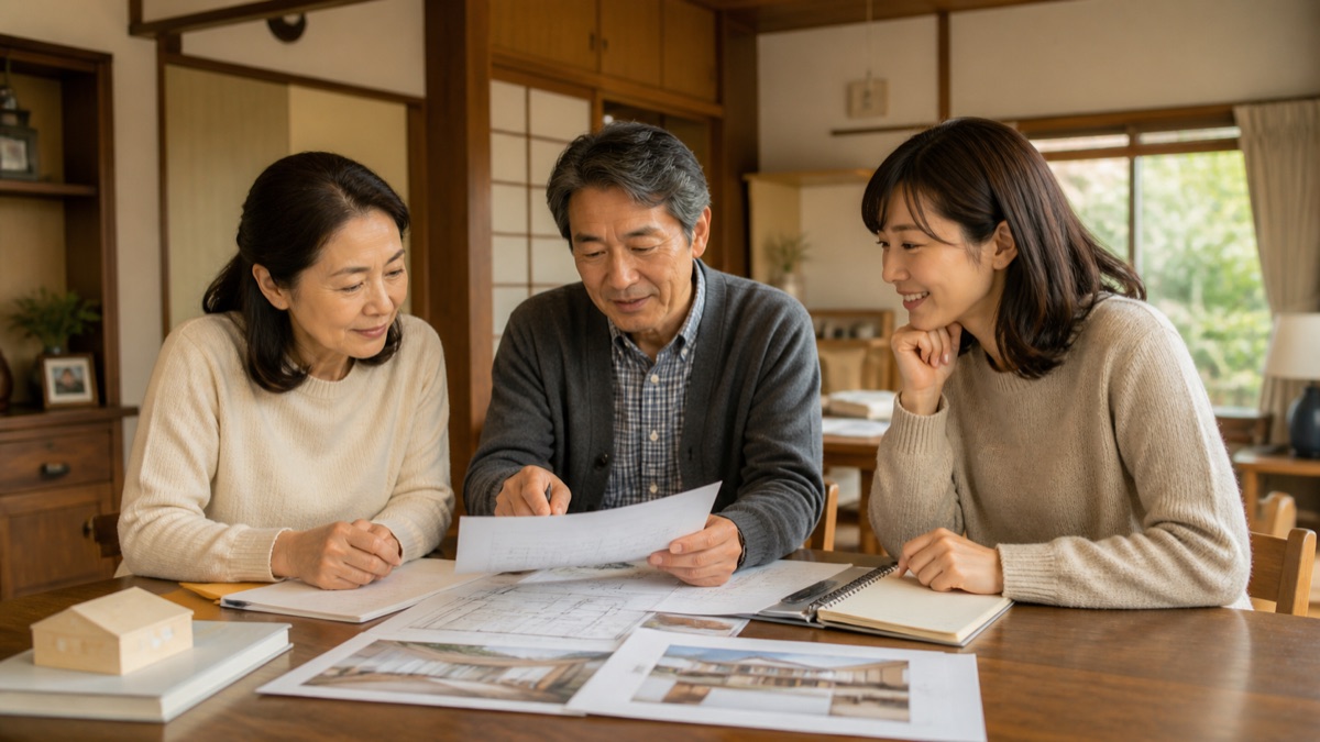 親の近くに住む選択肢を家族で話し合うイメージ