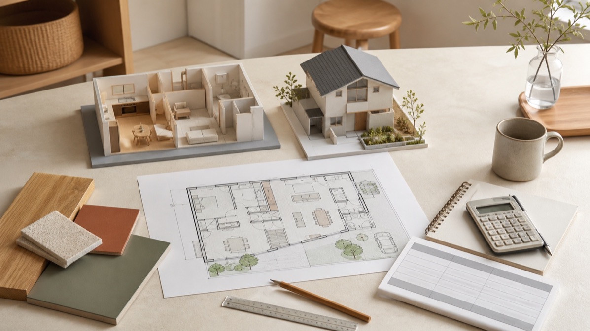 中古住宅購入とリノベーションの総合計画を表すマンション・戸建て模型、間取り図、建材、予算表