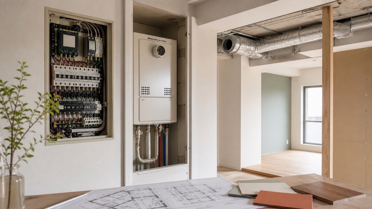 マンションの分電盤・給湯器・換気ダクトを図面とともに確認するイメージ