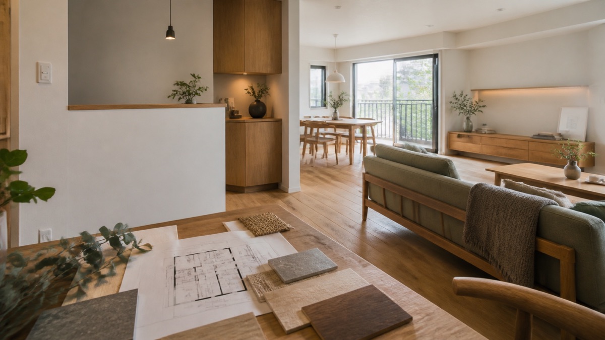 無垢材と漆喰を使ったリノベーション住宅で図面と素材を比較するイメージ