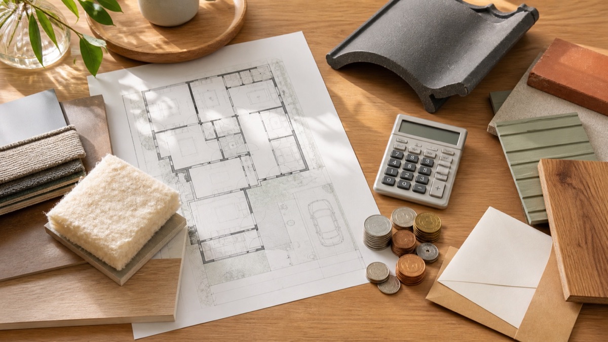 中古戸建ての図面と屋根材や断熱材を並べ総費用を計算するイメージ