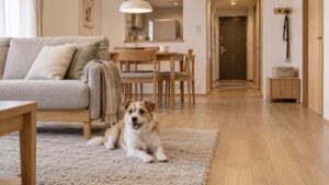 犬と暮らすマンションリノベ|床・散歩動線・音・留守番の計画を考える住まいのイメージ(AI生成・実際の施工事例ではありません)