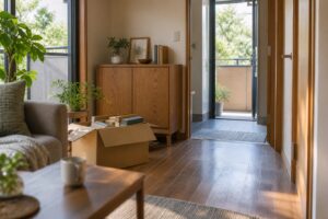 住み替えか、今のマンションをリノベするかを考える住まいのイメージ（AI生成。実際の施工事例ではありません）