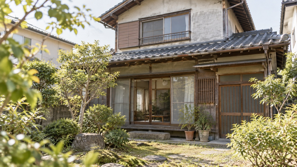 リフォームか建て替えかを検討する古い木造住宅の外観（AI生成のイメージ画像）