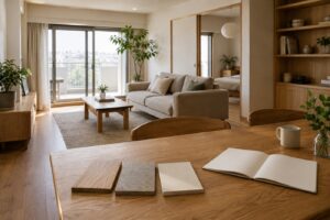 素材を比べながら住まいづくりを考えるLDK(AI生成のイメージ・実際の施工事例ではありません)