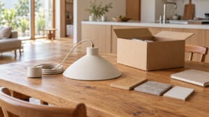 施主支給する照明と材料を検討する住まいのイメージ（AI生成・実際の施工事例ではありません）
